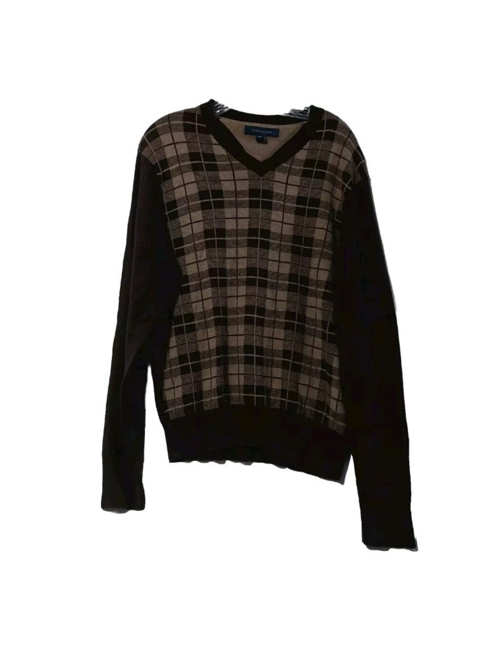 Tommy Hilfiger Mens V Neck Sweater Size Medium Brown Argyle Diamond